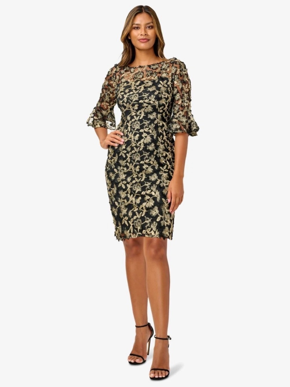 Adrianna Papell 12 Black Gold Merallic Patch Embroidered Floral Tulle Dress